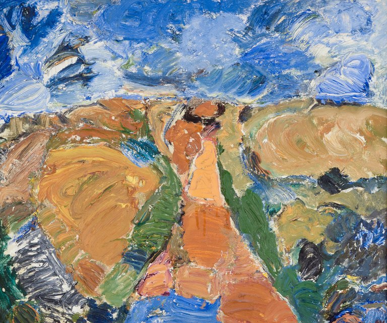 Erik Hallgren (1910-2000), Swedish artist. Oil on canvas. Abstract landscape with thick, textured brushstrokes.