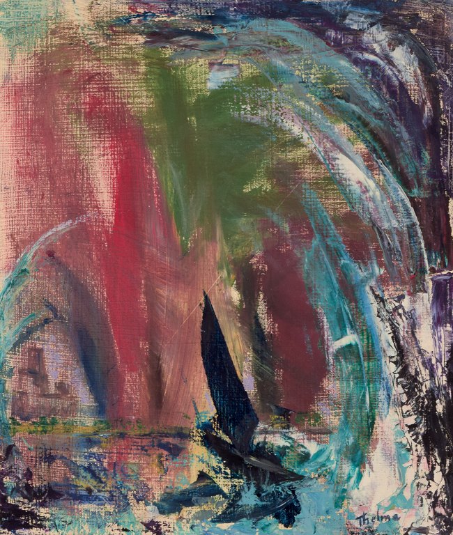Thelma Åkerman, Swedish artist. Oil on masonite board. Abstract composition with a colorful palette.