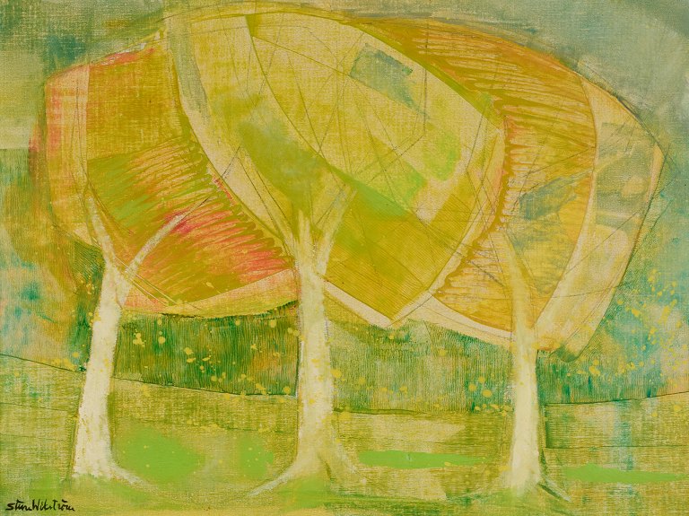 Sture Wickström (1921-1993) , Swedish artist. Oil on canvas. Modernist landscape.