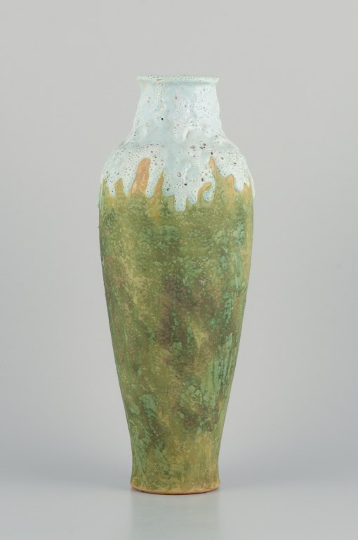 Pierrefonds, French ceramic workshop. Unique ceramic floor vase. Glaze in light tones on a matte greenish base.