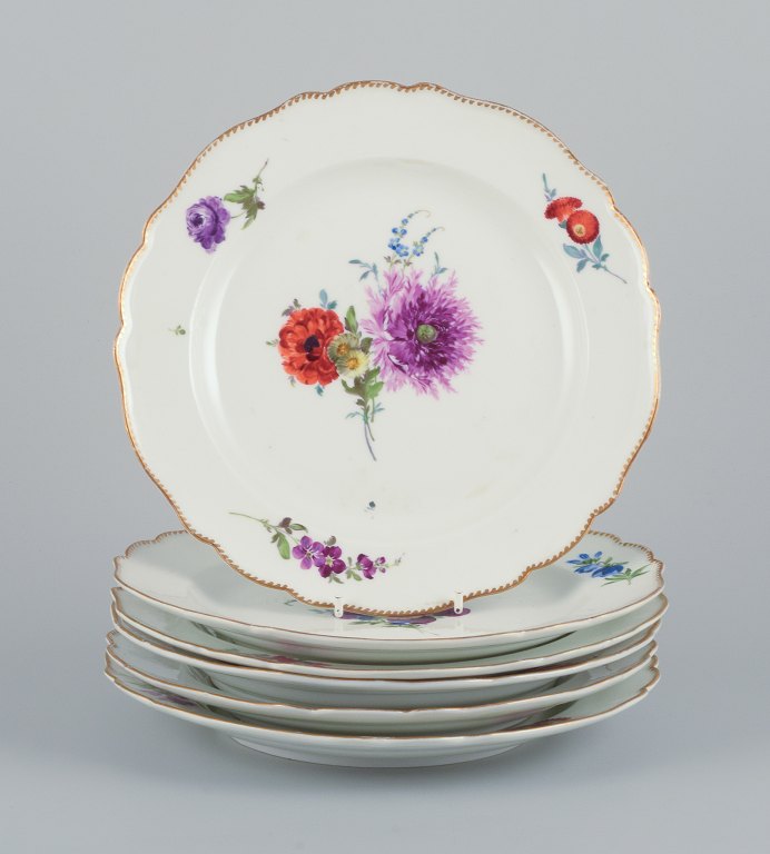 Meissen, Tyskland. Et sæt på seks antikke middagstallerkner i porcelæn. Håndmalet med polykrome blomstermotiver.