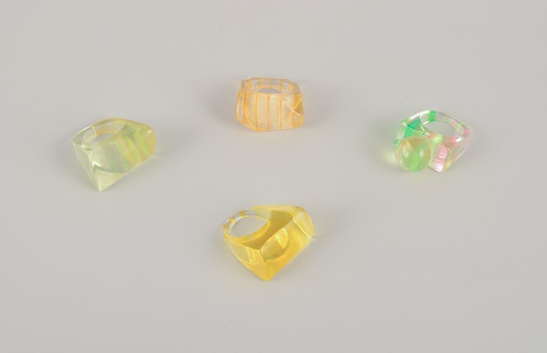 French jewelry artist. Four striped plastic designer rings.Striped design with various colors.