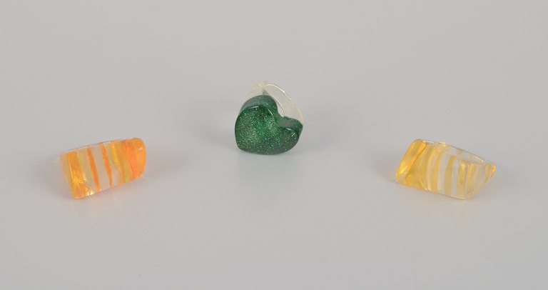 French jewelry artist. Three striped plastic designer rings.Striped design with various colors.