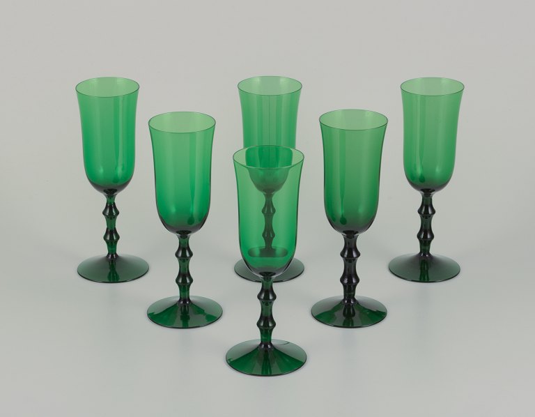 Simon Gate for Orrefors, Sweden. Six "Salut" champagne glasses in green mouth-blown art glass. Swedish design.