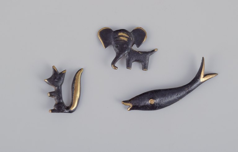 Walter Bosse (1904-1979), Østrig. Tre miniature-figurer i bronze. Elefant, egern og hval.