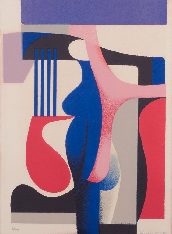Georgi Daskaloff (1923-2005), bulgarsk kunstner. Farvelitografi på papir.Kubistisk opstilling.