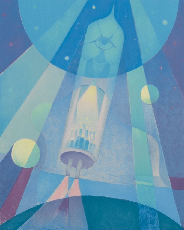 Sven Jonson (1902-1981), svensk kunstner. Farvelitografi på papir.Motiv af rumraket i kubistisk stil.