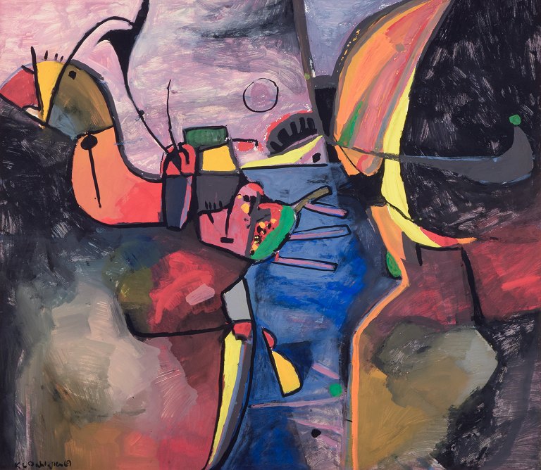 Karl Gustaf Dahlgren (født 1932), svensk kunstner. Akvarel på papir. Abstrakt komposition med fantasifugl.