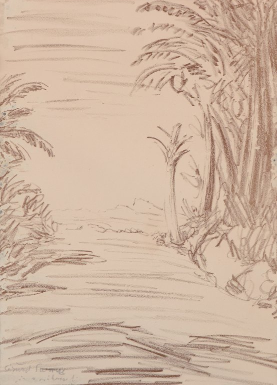 Sigurd Swane (1879-1973) , Danish artist. Mixed media on paper.Landscape with trees. Expressive brushstrokes.