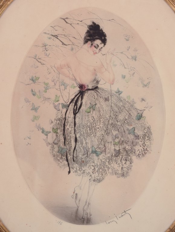 Louis Icart (1888-1950), farvelitografi på japanpapir. Elegant kvinde omgivet af sommerfugle.