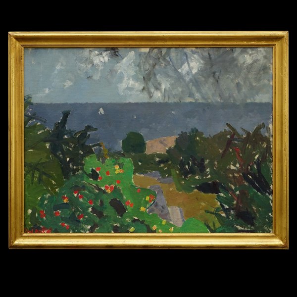 Olaf Rude landskab Bornholm. Olaf Rude, 1886-1957, olie på lærred. Udsigt fra atelier Bornholm. Signeret Olaf Rude. Lysmål: 67x91cm. Med ramme: 78x102cm