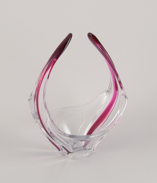 Val St. Lambert, Belgium. Large art glass bowl. Clear glass with a violet stripe. Art Deco.