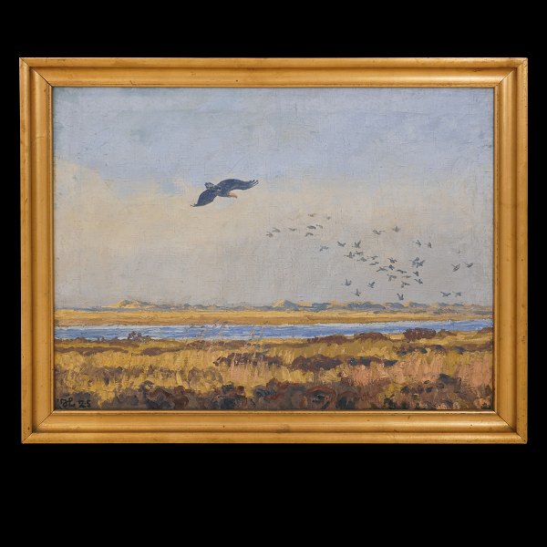 Johannes Larsen maleri. Johannes Larsen, 1867-1961, olie på lærred. Motiv i form af ørn og fugleflok i flugt. Signeret Johannes Larsen og dateret 1925. Lysmål: 59x78cm. Med ramme: 69x88cm