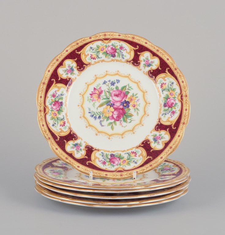 Royal Albert, England. A set of six "Lady Hamilton" plates with polychrome floral motifs. Gold decoration.
