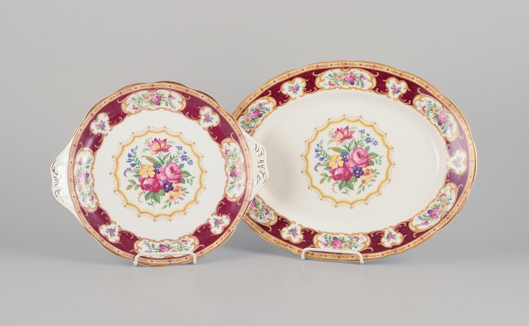 Royal Albert, England. "Lady Hamilton." Oval serving platter and a round dish with polychrome floral motifs and gold decoration.