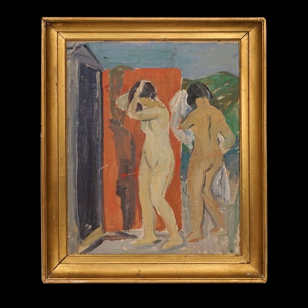 Axel P Jensen, 1886-1972, oil on plate. Two showering women. Visible size: 36x28cm. With frame: 44x36cm