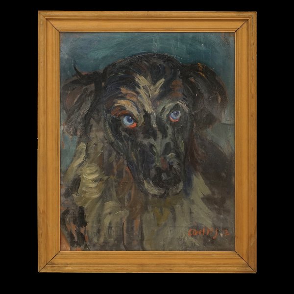 Axel P. Jensen, 1886-1972, olie på pap. Portræt af hund. Signeret og dateret 1912. Lysmål: 42x33cm. Med ramme: 50x41cm