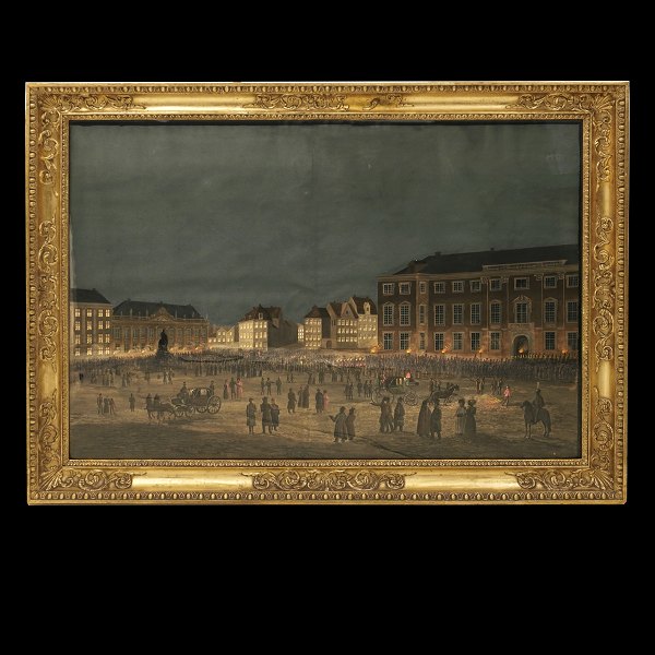 Gouache showing Kongens Nytorv, Copenhagen, Denmark, circa 1840. Visible size: 69x101cm. With frame: 85x117cm