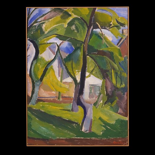 Axel P. Jensen, 1886-1972, olie på lærred. Signeret. "Træer i Haven". Mål: 87x61cm.