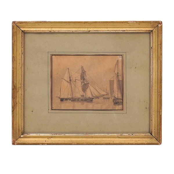 C. W. Eckersberg, 1783-1853, tegning med marinemotiv. Lysmål: 12,5x16cm. Med ramme: 27,5x33cm