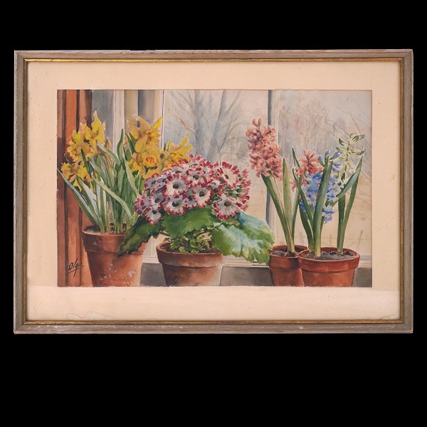 Olga Aleksandrovna, Storfyrstinde af Rusland, 1882-1960: Stilleben med blomster. Akvarel.Signeret. Lysmål: 37x56cm. Med ramme: 52x71cm