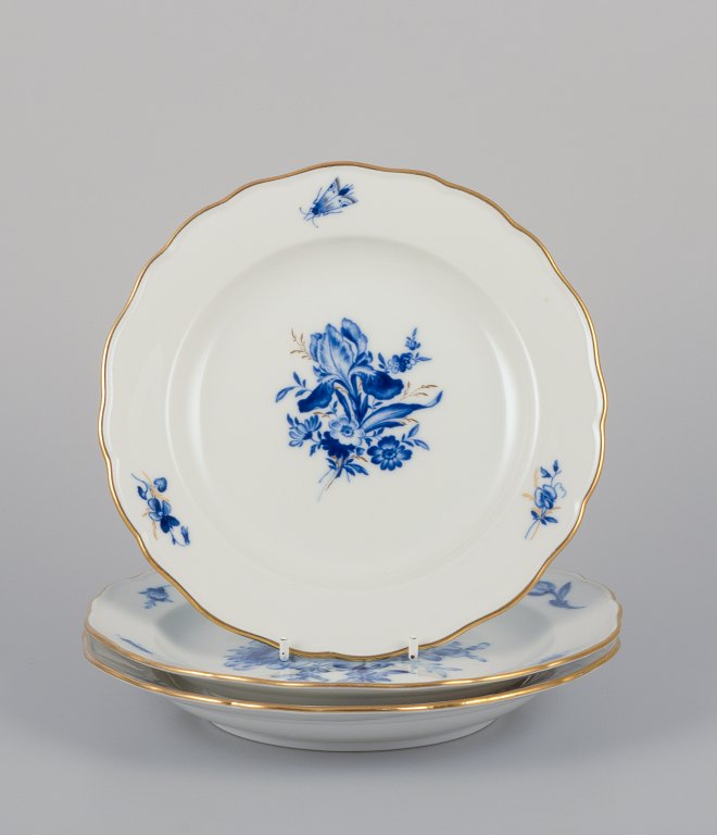 Meissen, Germany. Three hand-painted porcelain plates with blue flowers and insects, gold rim.