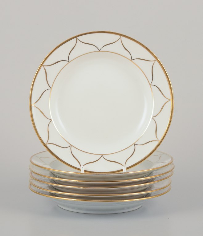 Meissen, Germany. A set of six plates. White porcelain with gold decoration. Art Deco.
