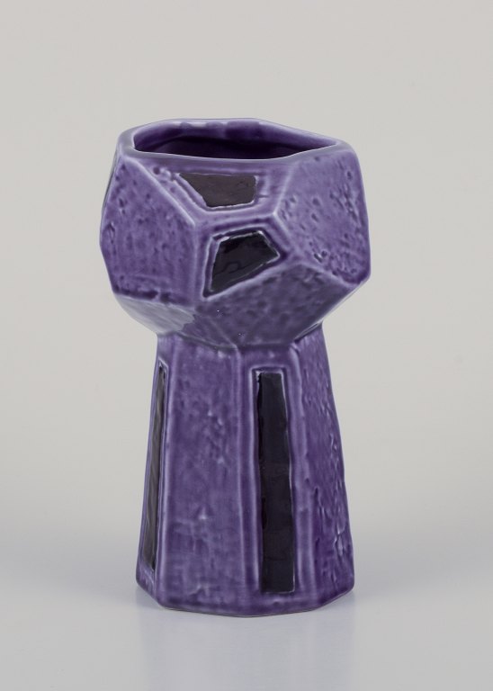 Vilhelm Bjerke-Petersen for Rörstrand. Danish ceramicist and artist."Fasett" ceramic vase. Cubist shape with glaze in purple tones.