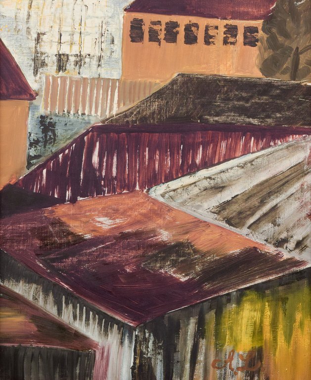 Anna Lindblad, svensk kunstmaler. Olie på lærred.Bymotiv i abstrakt stil.