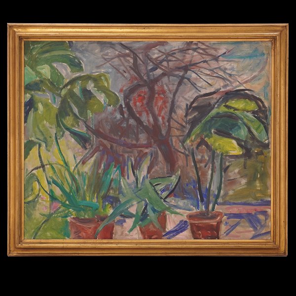 Axel P. Jensen, 1886-1972, olie på lærred. Signeret. "Blomster i vindueskarm". Lysmål: 80x99cm. Med ramme: 94x113cm