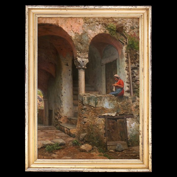 Peder Mønsted maleri. Peder Mønsted, 1859-1941, olie på lærred. Parti fra Ravello, Italien, signeret og dateret 1927. Betegnet "Trappeopgang i en gammel Gaard - Ravello". Lysmål: 99x69cm. Med ramme: 114x84cm