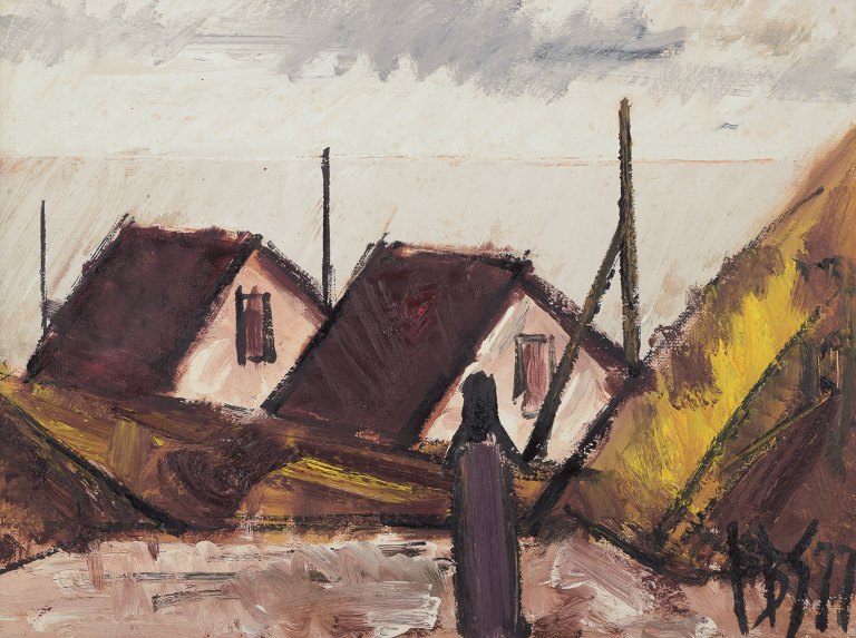 Peder Brøndum Sørensen (1931-2003), dansk maler, olie på lærred.Modernistisk bymotiv.