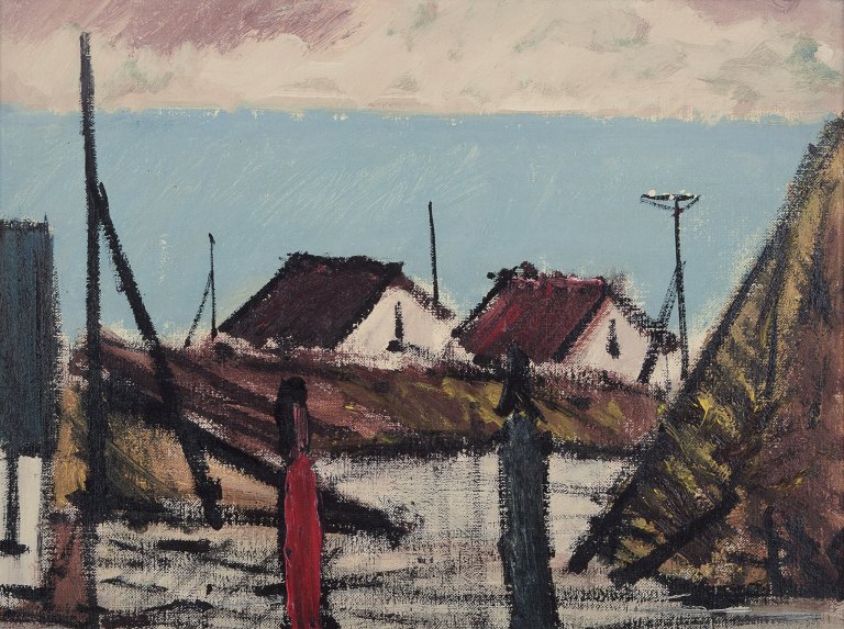 Peder Brøndum Sørensen (1931-2003) dansk maler, olie på lærred. ”Figurer og huse ved havet”. Modernistisk motiv.
