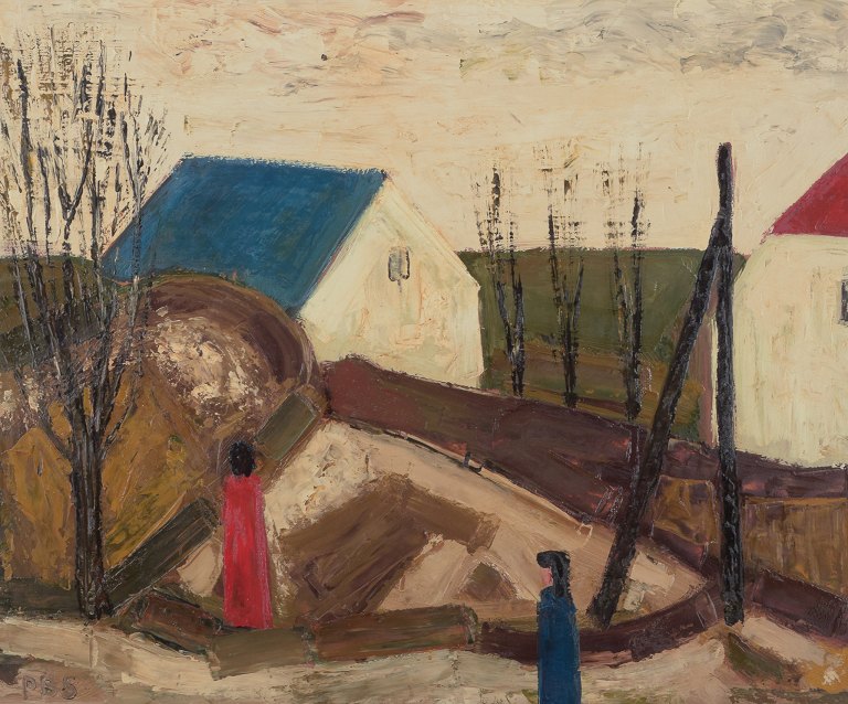Peder Brøndum Sørensen (1931-2003), dansk maler, olie på plade.Modernistisk landskab med figurer og huse.