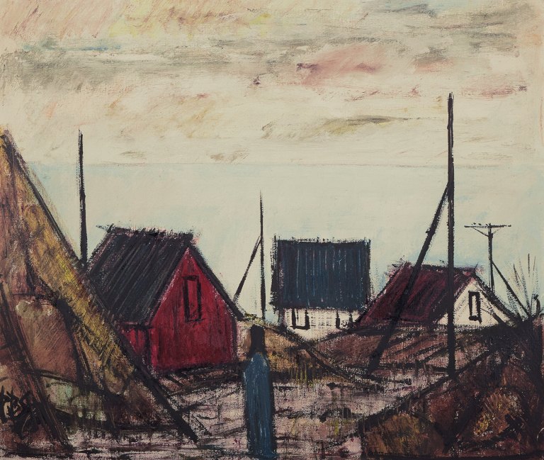 Peder Brøndum Sørensen (1931-2003), dansk maler, olie på plade.”Huse ved havet”.