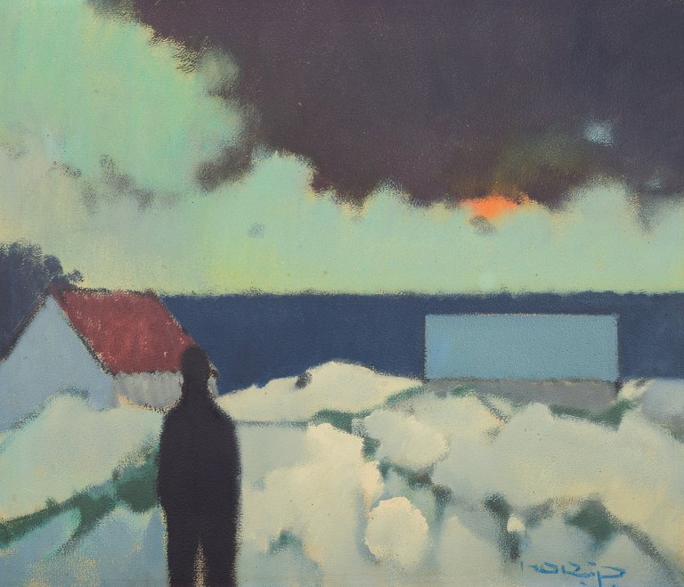 Knud Horup (1926-1973), dansk kunstner, olie på lærred. Figur i landskab.