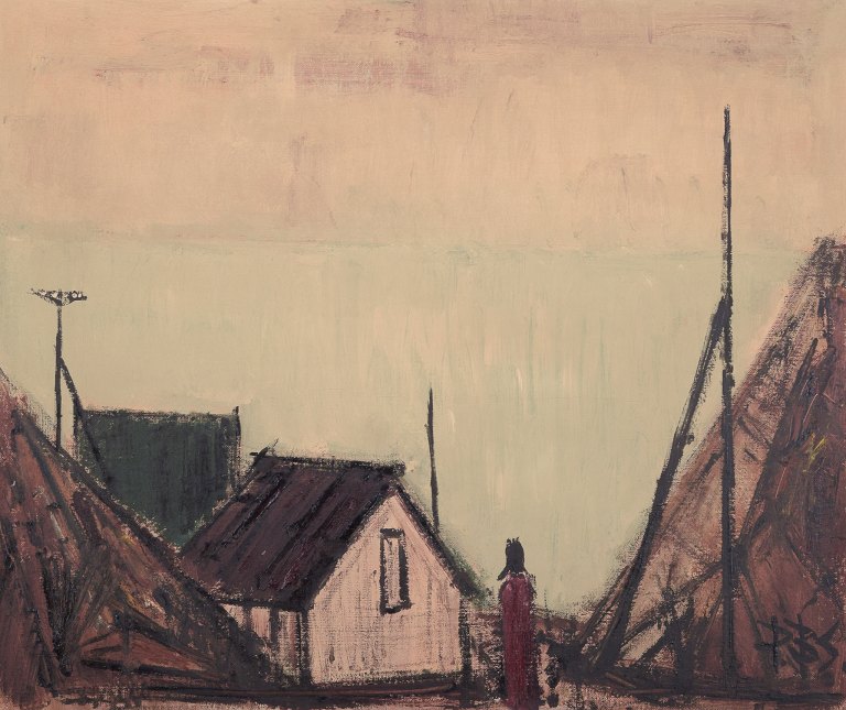 Peder Brøndum Sørensen (1931-2003), Danish painter, oil on canvas."Houses by the Sea".