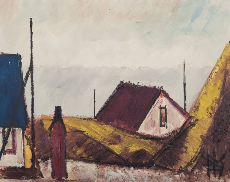 Peder Brøndum Sørensen (1931-2003), dansk maler, olie på lærred.”Figur ved huse og hav”.