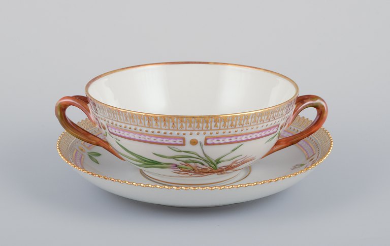 Royal Copenhagen Flora Danica bouillon cup with saucer.Hand-painted.