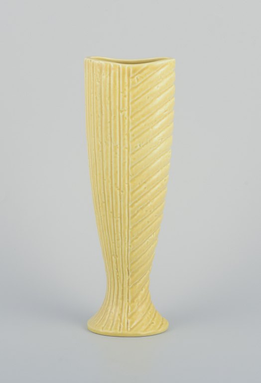 Gunnar Nylund for Rörstrand. Ceramic vase in chamotte clay.Rare shape. Yellow glaze.