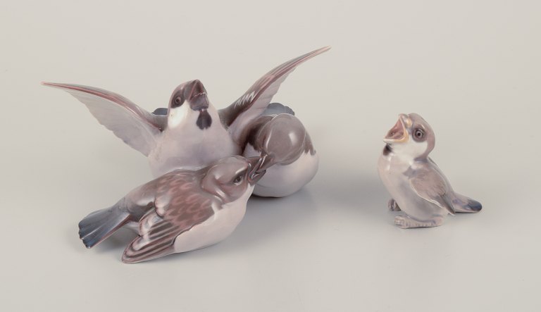 Bing & Grøndahl, Danmark.To porcelænsfigurer bestående af figurgruppe af tre gråspurve samt gråspurve unge.