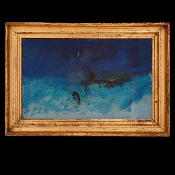 Oluf Høst maleri. Oluf Høst, 1884-1966, olie på lærred. Landskab med måne. Lysmål: 38x61cm. Med ramme: 52x75cm