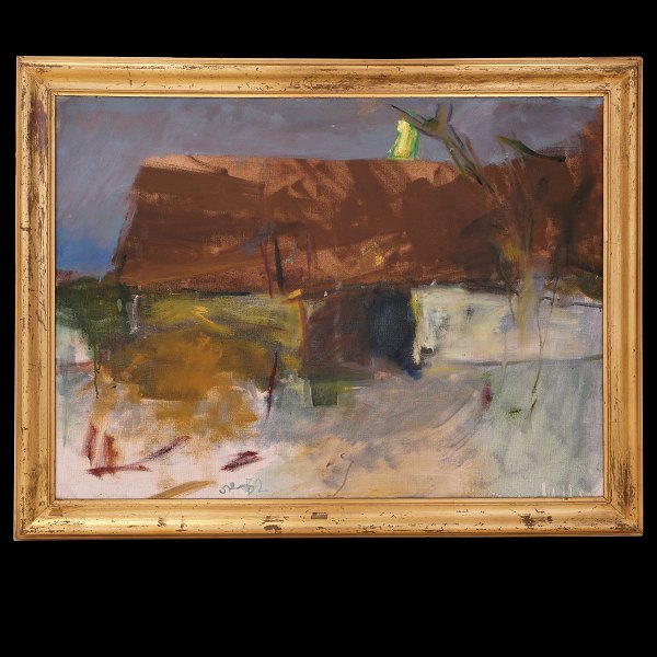 Oluf Høst maleri. Oluf Høst, 1884-1966, olie på lærred. Måne over tagryggen på Bognemark. Lysmål: 60x80cm. Med ramme: 71x91cm