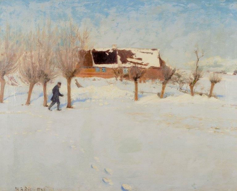 H. A. Brendekilde (1857-1942). Olie på lærred.Vinterlandskab med gård i baggrunden og gående mand i sneen.