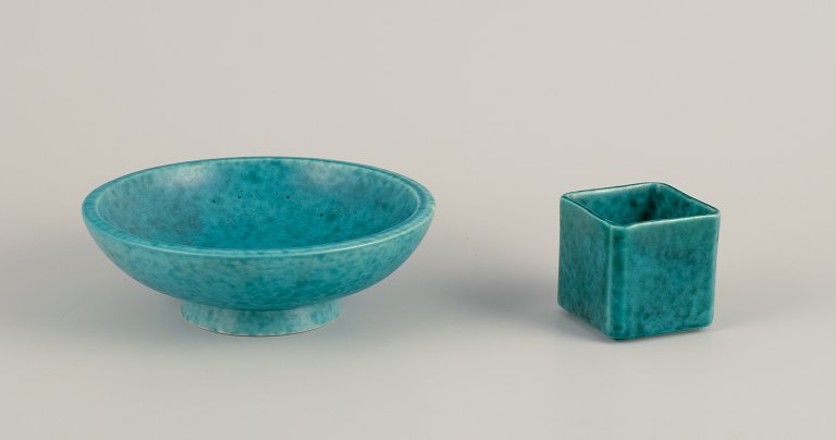 Wilhelm Kåge for Gustavsberg.Ceramic bowl and a small square ceramic vase.