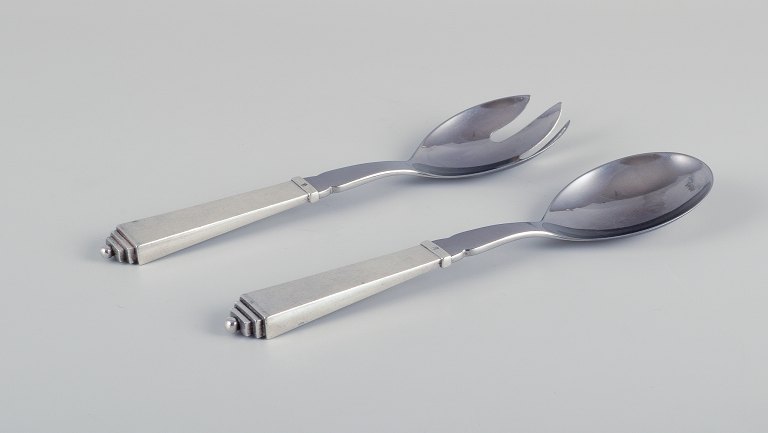 Georg Jensen Pyramide.Salatsæt i sterlingsølv og rustfrit stål.
