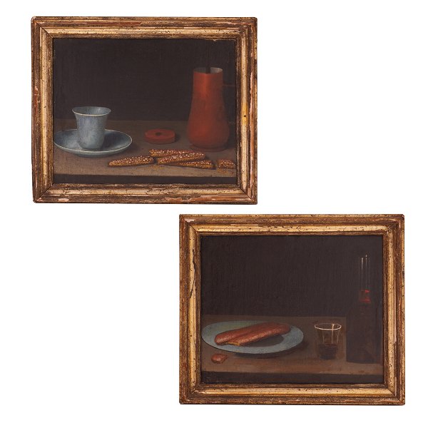 Et par italienske stilleben, olie på lærred. Ca. 2. halvdel af 1700-tallet. Lysmål: 30x37cm. Med ramme: 38x45cm