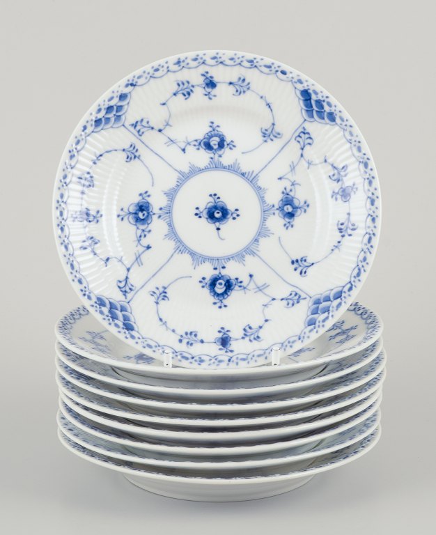 Royal Copenhagen Blue Fluted Half Lace, set of nine cake plates in hand-painted porcelain.