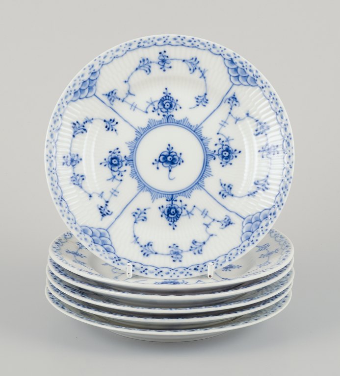 Royal Copenhagen Blue Fluted Half Lace, set of six cake plates in hand-painted porcelain.