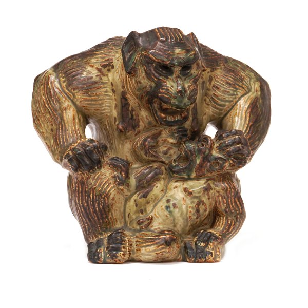 Stor Knud Kyhn abefigur mor med unge 20200 fra Royal Copenhagen. Flot lys Sung glasur. H: 25cm